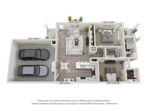 Floor plan for 2 beds, 2 baths, 1185 sqft